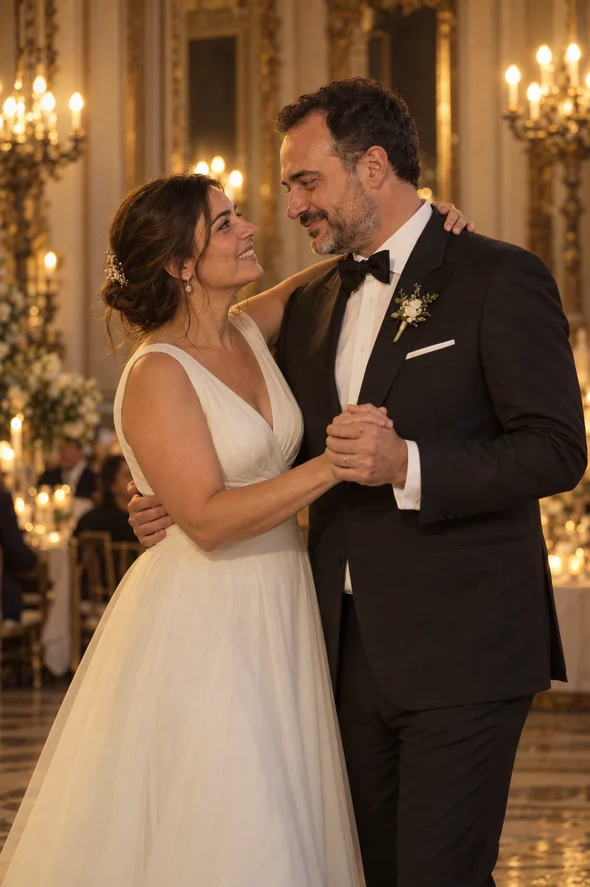 Cristina & Jose bailan bajo las lámparas del salón.
