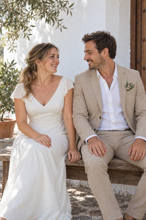 Cristina & Jose comparten una sonrisa sentados en un banco de madera.