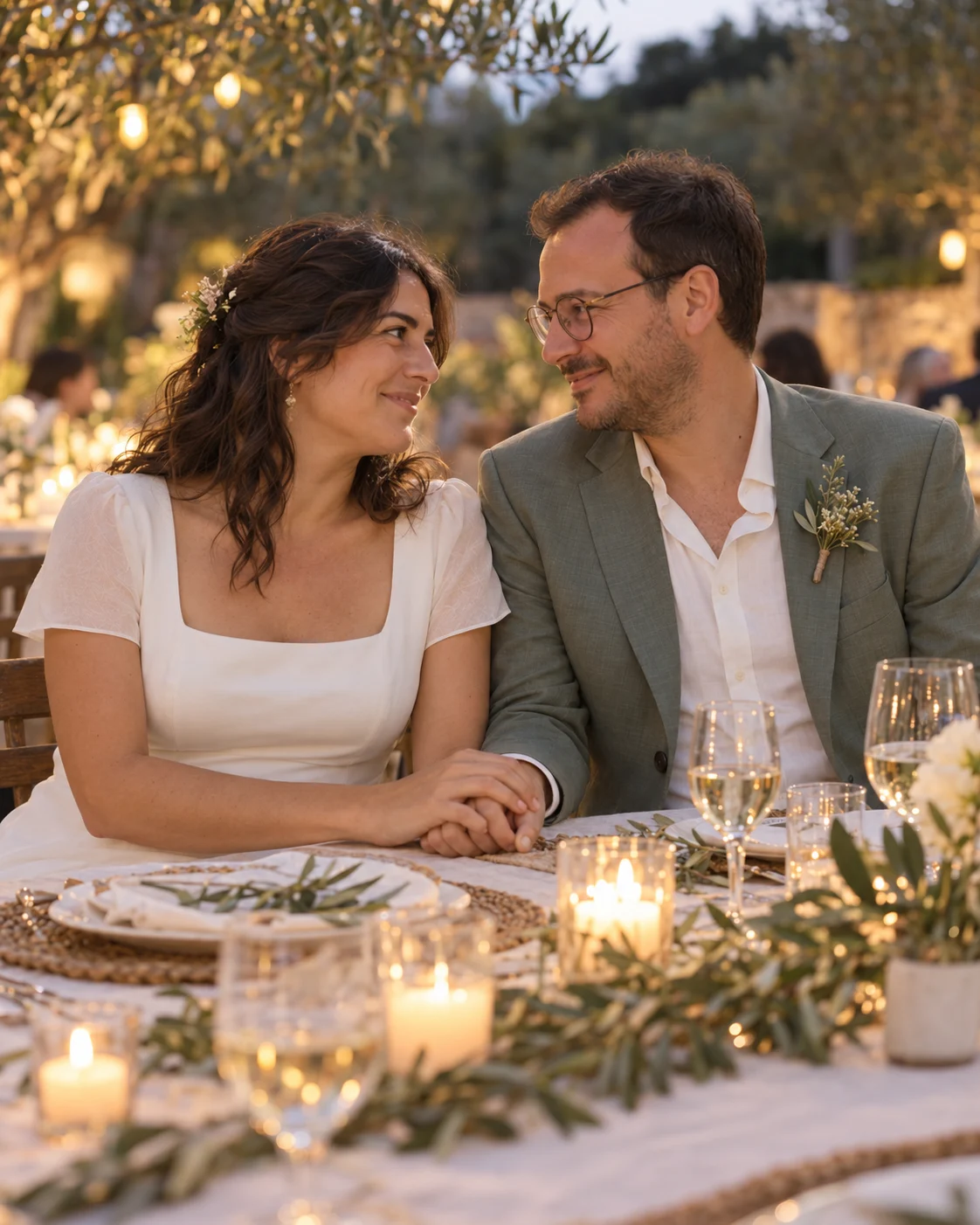 Cristina y Jose sonríen y se dan la mano durante la cena.