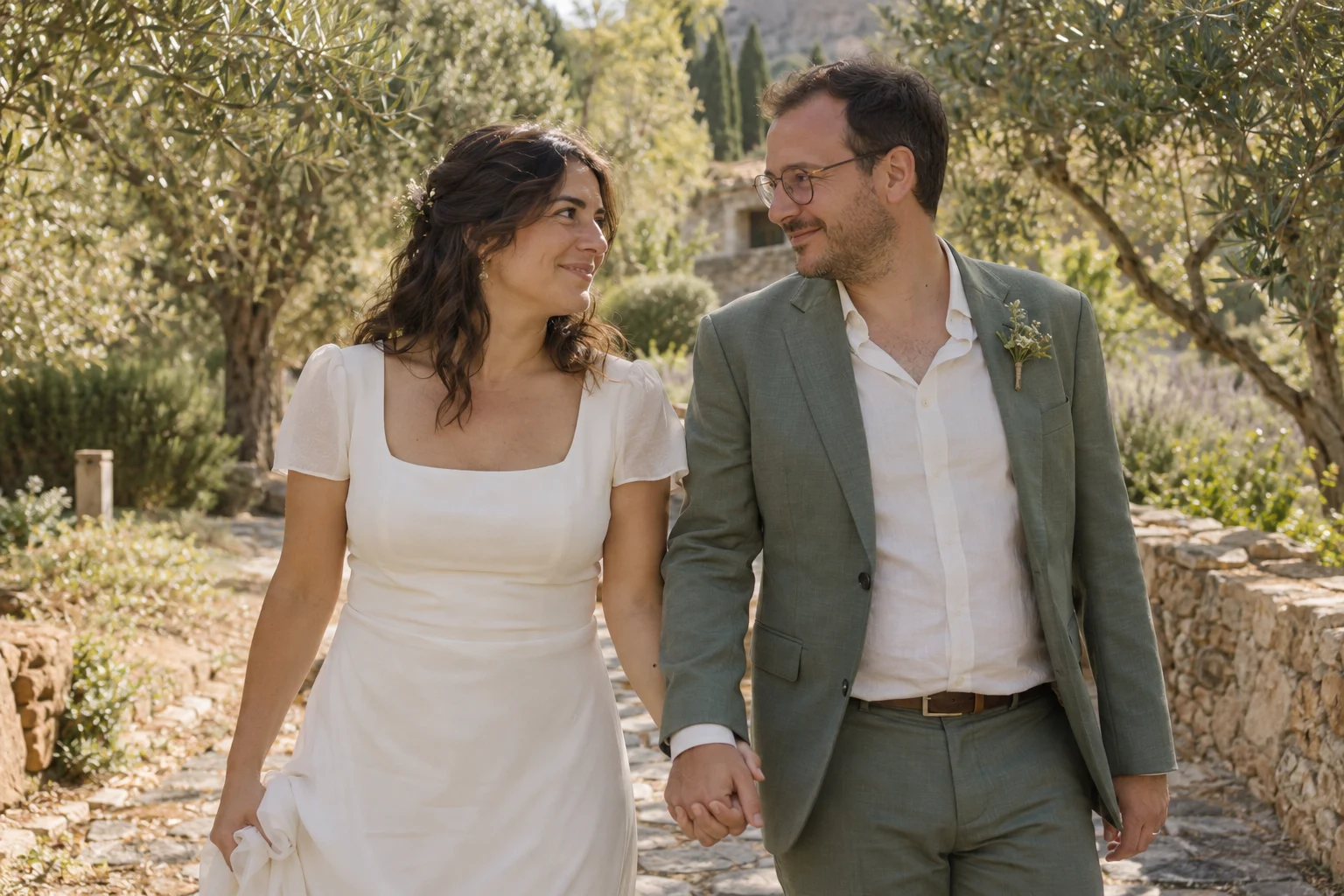 Cristina y Jose pasean de la mano entre olivos.
